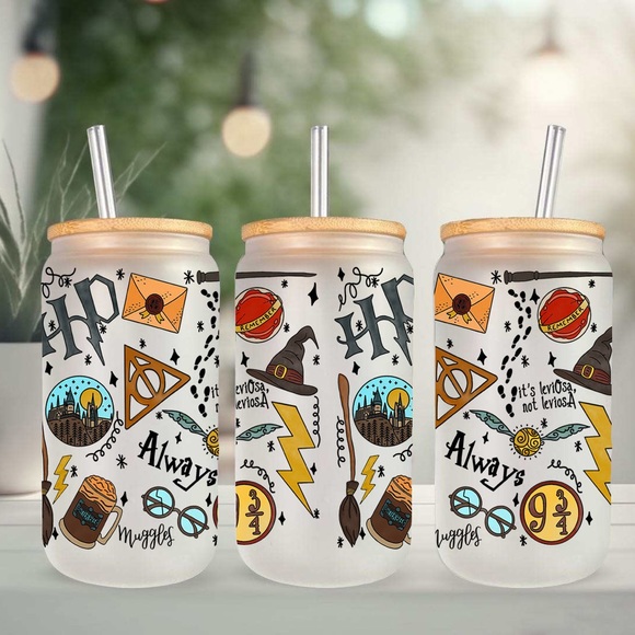 Other - Harry Potter  16oz Frosted Libbey Glass Can with Bamboo Lid and Straw